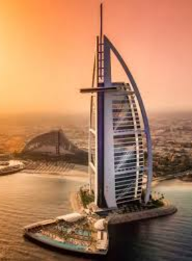 This image shows the iconic Burj Al Arab, a luxury hotel in Dubai shaped like a sail, symbolizing the city's maritime heritage and architectural excellence.