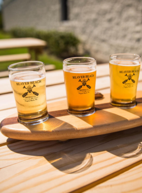 This image shows that Virginia Beach is home to many local breweries where visitors can enjoy tasting a variety of craft beers, listen to live music, and relax in vibrant, welcoming settings with friends and family.