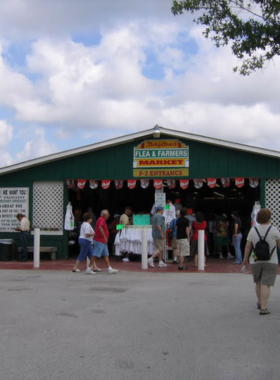  This image shows colorful market stalls at the Daytona Flea & Farmers Market, filled with fresh produce, handmade crafts, and antiques. Shoppers browse through diverse items in a lively atmosphere.