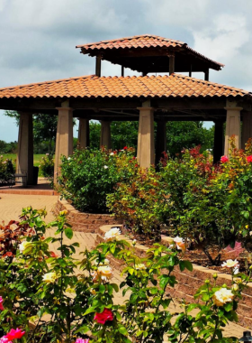 This image shows the lush, colorful gardens at the South Texas Botanical Gardens. The site features various plant species, including orchids and butterfly gardens, along with walking trails and wildlife exhibits.