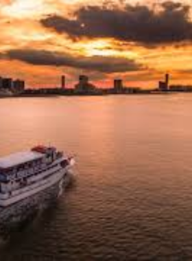 This image shows a scenic boat ride around the Atlantic City harbor, with passengers enjoying the view of the marina, the skyline, and the calm waters, perfect for a relaxing day on the water.