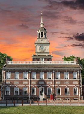 This image shows the iconic Independence Hall in Philadelphia, where the U.S. Declaration of Independence was signed. The historical building is a symbol of American democracy, attracting visitors to explore the birthplace of liberty and freedom.