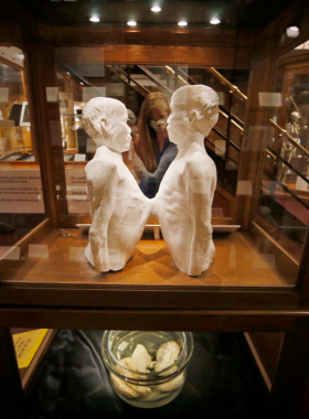 This image shows the Mutter Museum in Philadelphia, known for its fascinating medical exhibits, including anatomical specimens, antique surgical tools, and rare medical artifacts that offer insights into the history of medicine and science.