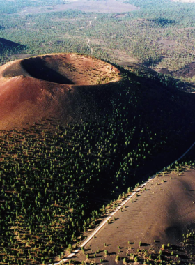 This image shows the rugged lava flow trail at Sunset Crater Volcano, with dark volcanic rock and surrounding pine trees creating a dramatic view.