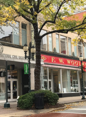 This image shows the entrance of the International Civil Rights Center & Museum, a historic site where the 1960 Greensboro lunch counter sit-in took place, highlighting the Civil Rights Movement's pivotal moment.