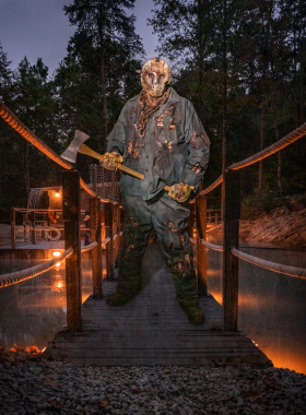 : This image shows the terrifying haunted maze at Kersey Valley Spookywoods, a popular Halloween attraction where visitors experience spine-chilling scares and immersive horror-themed experiences.