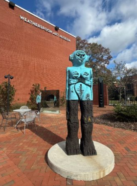  This image shows a contemporary art display at the Weatherspoon Art Museum, featuring rotating exhibitions of modern artwork by local and international artists in Greensboro.