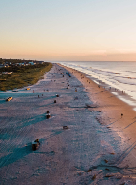 This image shows Coligny Beach Park on a sunny day, featuring pristine sand, blue ocean waves, and families enjoying the serene environment.