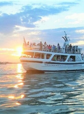 This image shows a dolphin-watching boat tour on Hilton Head, with dolphins leaping near the boat and calm waters in the background.

