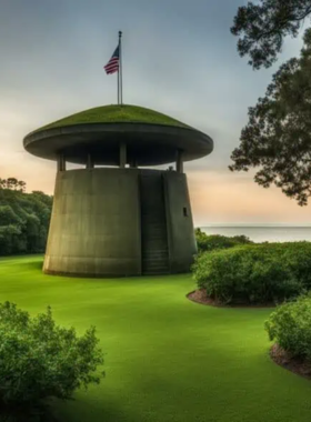 This image shows a guide explaining Hilton Head’s history to a group of visitors at a historical site surrounded by nature.