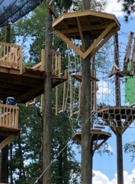 This image shows a thrilling zipline adventure at Adventureworks Hot Springs, where visitors soar over treetops on a mile-long course, experiencing the beauty of Hot Springs from above.