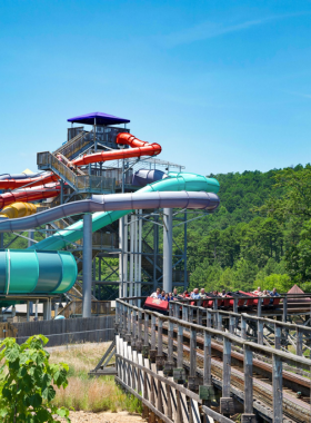 This image shows visitors enjoying water slides and roller coasters at Magic Springs Theme and Water Park, offering a fun-filled experience for families and adventure-seekers alike.