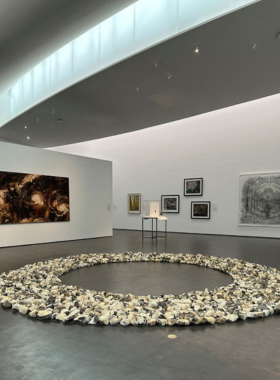 This image shows visitors admiring artwork at the Menil Collection, a world-renowned museum in Houston. The museum showcases a variety of artistic styles, including surrealist and contemporary works, set in a serene and minimalist environment.