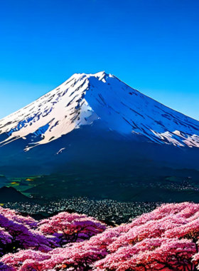 This image shows a breathtaking view of Mount Fuji, surrounded by lush greenery and a serene lake reflecting its beauty. The snow-capped peak is iconic, symbolizing Japan's cultural heritage and natural charm in a picturesque setting.
