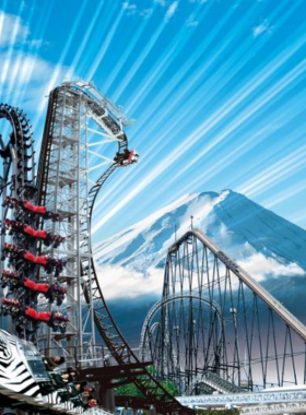  This image shows a thrilling roller coaster at Fuji-Q Highland amusement park, surrounded by the scenic beauty of Mount Fuji in the background. The park's adrenaline-pumping rides offer excitement for adventure enthusiasts.
