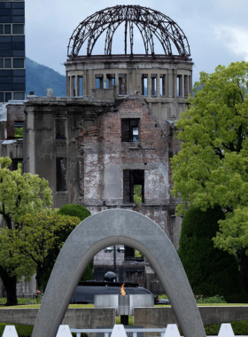 This image shows the Hiroshima Peace Memorial Museum, featuring exhibits that honor the victims of the atomic bombing. The museum's architecture and tranquil park surroundings inspire reflection and promote the message of world peace.
