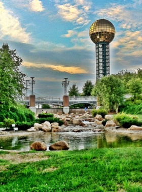 This image shows the iconic Sunsphere at World’s Fair Park in Knoxville, with its golden globe reflecting the sunlight. The observation deck offers panoramic views of downtown Knoxville and the surrounding area, attracting visitors from all over.