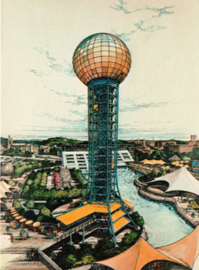 This image shows the breathtaking view from the observation deck of the Sunsphere in Knoxville. Visitors can see sweeping views of the city, including downtown Knoxville, the Tennessee River, and the beautiful surrounding hills.