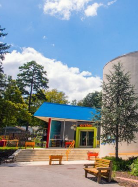 This image shows children interacting with a hands-on science exhibit at Muse Knoxville, a children’s museum. The exhibit encourages kids to explore science concepts through fun and interactive displays, promoting learning through play.