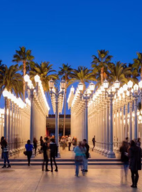 This image shows LACMA’s iconic “Urban Light” sculpture and modern museum buildings, highlighting its mix of art and culture.