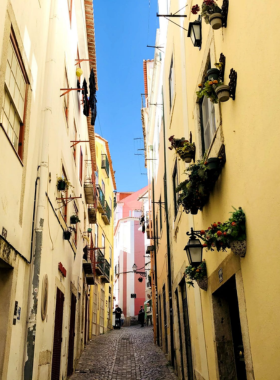 This image shows the charming narrow streets of Alfama, Lisbon’s oldest district, with its traditional buildings and local life, capturing the essence of old Lisbon.

