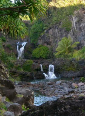 This image shows the Seven Sacred Pools at Oheo Gulch, with cascading waterfalls flowing into natural pools. The scenic beauty of the lush jungle and clear blue waters creates a tranquil and picturesque setting for visitors to explore.