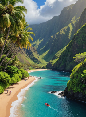 This image shows a scenic view of Molokai Island’s unspoiled landscapes, with rolling green hills and rugged coastlines. The island’s peaceful and slow-paced atmosphere is captured in this image, highlighting its rich natural beauty and cultural heritage.