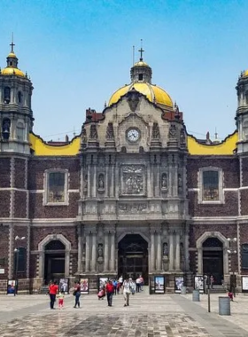 This image shows the Basílica de Santa María de Guadalupe, an iconic religious site with modern and traditional architectural elements. Pilgrims are gathered to pay homage to the Virgin of Guadalupe, symbolizing deep faith and spirituality in Mexico.