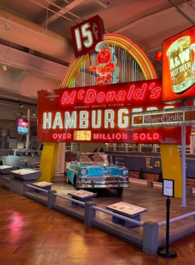 This image shows an exhibit inside the Henry Ford Museum, featuring historical artifacts like classic cars and displays on American innovation, celebrating the legacy of Henry Ford and technological progress.