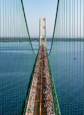 This image shows the majestic Mackinac Bridge, stretching across the Straits of Mackinac, connecting Michigan’s Upper and Lower Peninsulas, showcasing one of the world’s longest suspension bridges.