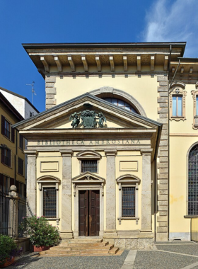 This image shows the Ambrosiana Library, featuring rare manuscripts and artworks like Leonardo da Vinci's Portrait of a Musician. It’s a cultural treasure trove showcasing Italy’s artistic and historical heritage.