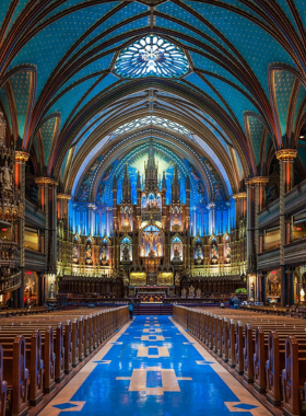 This image shows the stunning interior of Notre-Dame Basilica, featuring its Gothic Revival architecture, intricate stained-glass windows, and magnificent altar that draws visitors from around the world.

