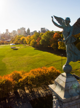 This image shows a peaceful summer day at Parc du Mont-Royal, with lush green spaces, people walking, and enjoying panoramic views of Montreal from the park’s summit.