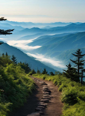 This image shows a hiker enjoying the stunning views and lush forests of the Great Smoky Mountains National Park, a popular destination for outdoor adventures and scenic beauty.