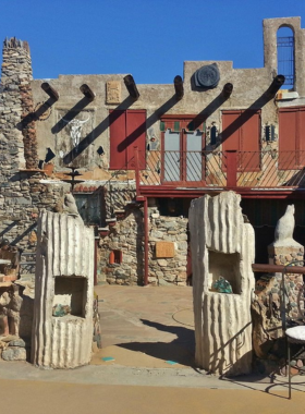 This image shows the whimsical architecture of Mystery Castle, an 18-room structure built with unconventional materials like stones and bottles. Visitors can explore its hidden passages and enjoy unique views of the Phoenix skyline.