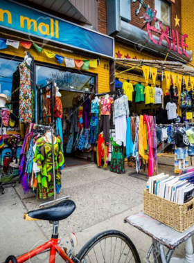 This image shows that Kensington Market is known for its vibrant street art, eclectic shops, and multicultural vibe, making it a lively and colorful neighborhood for visitors to explore and experience Toronto’s diversity.