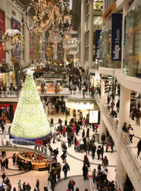 This image shows that the Eaton Centre is one of Toronto’s largest shopping malls, offering a variety of retail stores, dining options, and entertainment, making it a popular spot for both locals and tourists alike.