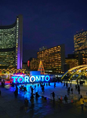 This image shows that Nathan Phillips Square, located in front of Toronto’s City Hall, features the iconic Toronto sign, seasonal events like ice skating in winter, and is a gathering spot for locals and visitors to enjoy public art and cultural festivities.