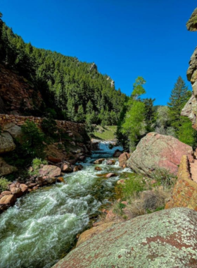 "This image shows the peaceful Boulder Creek Path winding through lush greenery and urban spaces. The multi-use trail, perfect for walking, jogging, or cycling, offers a tranquil escape from the hustle of city life, with the soothing sound of the creek in the background."