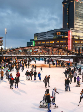 This image shows the bustling Canalside waterfront area in Buffalo, offering a mix of outdoor activities, museums, and restaurants with a scenic view of the waterfront, ideal for relaxation and adventure.