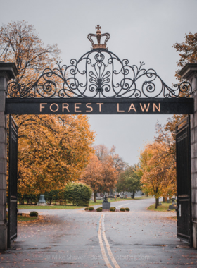 This image shows the serene and beautiful landscape of Buffalo’s Forest Lawn Cemetery, filled with sculptures, historic landmarks, and peaceful paths, offering a calm retreat from the city.