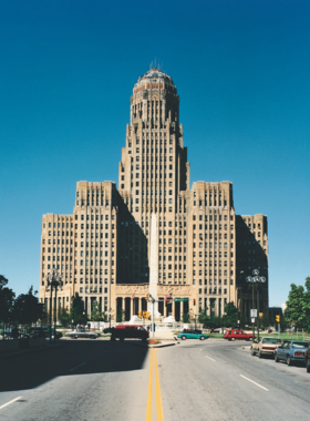 This image shows the stunning panoramic view from the observation deck of Buffalo City Hall, providing a breathtaking look at the city and Lake Erie from one of Buffalo’s architectural landmarks.