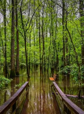 This image shows hikers enjoying a trail in Congaree National Park. The park’s dense forests and diverse wildlife make it a popular destination for nature lovers seeking outdoor adventures and peaceful exploration.