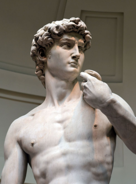 This image shows Michelangelo’s famous "David" statue in the Galleria dell’Accademia. The marble sculpture, depicting the biblical hero, is an iconic representation of Renaissance artistry and human beauty.