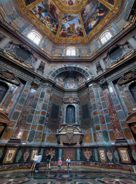 This image shows the beautifully designed Medici Chapels in Florence, with intricate marble tombs by Michelangelo. The chapels serve as the final resting place for the powerful Medici family.