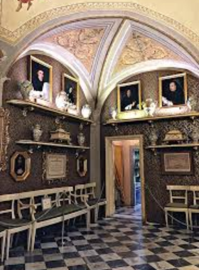 This image shows the historic Pharmacy of Santa Maria Novella, established in 1221. Visitors explore the beautifully preserved shop, known for its medicinal herbs, perfumes, and old-world charm.