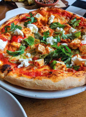 This image shows a traditional pizza in Florence, featuring a thin crispy crust topped with fresh ingredients like tomatoes, mozzarella, and basil. It showcases the city’s simple yet delicious approach to pizza.