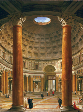 This image shows the Pantheon in Rome, an ancient temple known for its perfect proportions and massive dome. The interior is illuminated by a circular opening, known as the oculus, in the center of the dome.