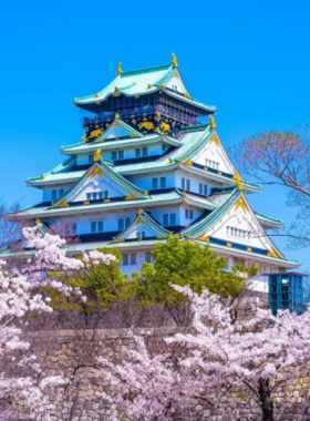  This image shows Osaka Castle standing tall amidst lush greenery, with its traditional architecture and golden ornamentation highlighted against the clear blue sky. The castle is a symbol of Japan's historical legacy and resilience, showcasing a mix of modern and ancient elements in its design.