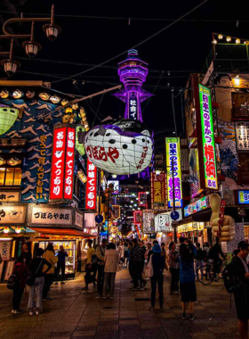 This image shows a traditional restaurant in the Shinsekai district of Osaka, featuring authentic kushikatsu dishes being served. The cozy atmosphere and retro signboards reflect the nostalgic charm of the area, which is known for its delicious food and unique historical vibe.